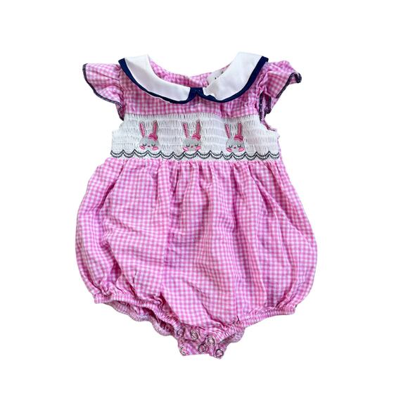 Marie Nicole Easter Bunny Pink Gingham Smocked Bubble Romper 0-3M - Picture 1 of 6